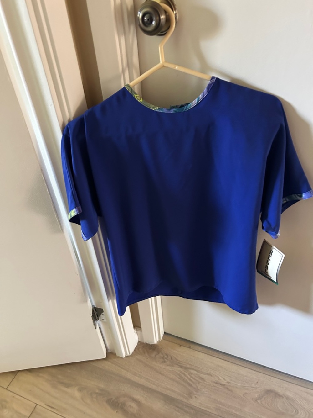 Cobalt Short Sleeve Blouse with Patterned Trim